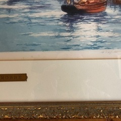 海外絵画、川岸の船の画像