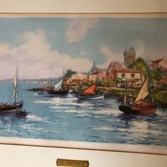 海外絵画、川岸の船の画像