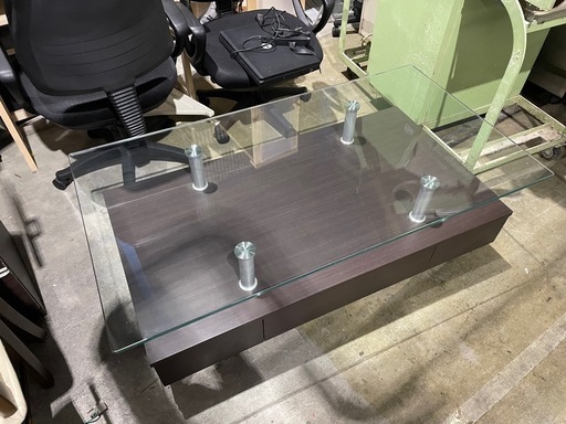 【自社便配達可能】ニトリ　ガラスセンターテーブル　1200×650×420　引き出し付き