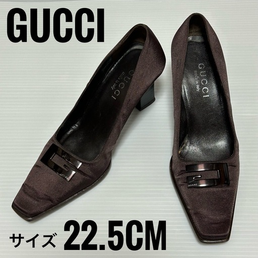 グッチ　GUCCI　パンプス　22.5cm　スクエアトゥ　ダークブラウン　ロゴパネル　ロゴプレート　金具