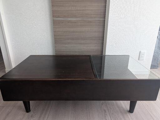 ローテーブル　天然木+ガラス　収納付
