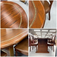 【超美品‼️】超高級♪ イタリア製？ 280cm幅6人掛けダイニングテーブルセット 無垢材 革張りチェア ブラウン♪の画像
