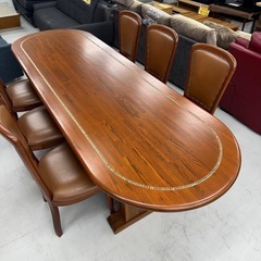 【超美品‼️】超高級♪ イタリア製？ 280cm幅6人掛けダイニングテーブルセット 無垢材 革張りチェア ブラウン♪の画像