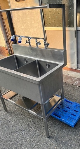 特注品 業務用 2槽シンク ３口蛇口付き 幅900×奥500×高さ830+150+450(mm) 二槽シンク 二層シンク 二層 2層 