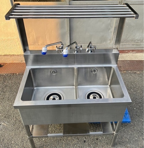 特注品 業務用 2槽シンク ３口蛇口付き 幅900×奥500×高さ830+150+450(mm) 二槽シンク 二層シンク 二層 2層 