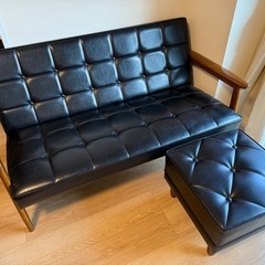 美品】カリモク/ソファ/ブラック革（※オットマン無し）