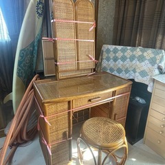 三面鏡　ドレッサー　籐　アジアン　化粧台　レトロ　アンティーク　籐家具