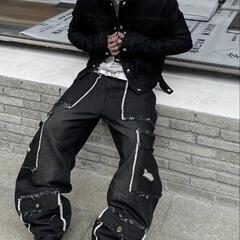 ブラックデニムワイドパンツサイズLの画像