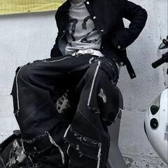 ブラックデニムワイドパンツサイズLの画像