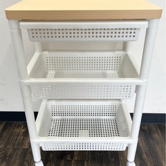 【中古品】ウッドテーブルワゴン 引き出しバスケット付 ホワイト ...