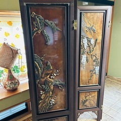 衝立　中国　骨董　間仕切り　アンティーク　和室　天然石　パーテーション 衝立 パーテーション 間仕切り 中国 彫刻 アンティーク レトロ 4枚折り