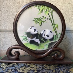 A267⭐︎中国伝統工芸 高級 両面刺繍 パンダ 衝立 置物 共箱