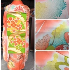 ● R) レトロ 古典 豪華絢爛 金駒 刺繍 正絹 松 華 花  朱色/オレンジ/赤系/袋帯 黄緑/帯揚げ 帯締め 重ね衿 成人式 結婚式 中古 7点セット ①の画像