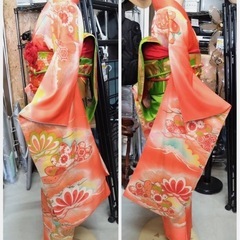 ● R) レトロ 古典 豪華絢爛 金駒 刺繍 正絹 松 華 花  朱色/オレンジ/赤系/袋帯 黄緑/帯揚げ 帯締め 重ね衿 成人式 結婚式 中古 7点セット ①の画像