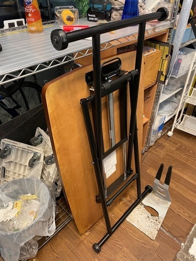 【昇降式テーブル　ブラウン／木目】W90xD60xH12〜71cm クリーニング済み【12701】