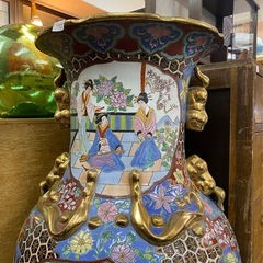 中国製 大型花瓶 木製台座付き 壺 特大 高さ約93cm 陶器 置物 縁起物 オブジェ 中古の画像