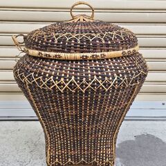 特大 蓋付きバスケット 籐製 アタ インテリア 壺型 アジアン雑...