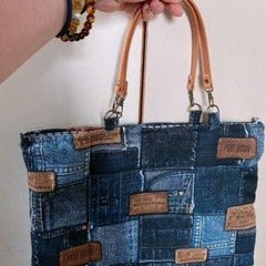 ハンドメイドバッグ デニム柄×ストライプハンドバッグの画像
