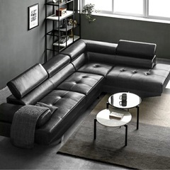 3人掛け カウチソファ　黒 幅268cm] 高級3人掛けレザーカウチソファ