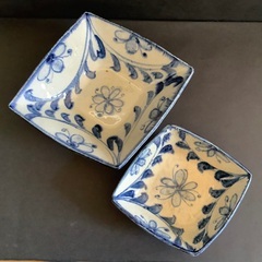 【美品!】陶器　器法師　盛り皿　菱形　ボウル　ひし形　鉢　青い絵柄　中　大　2皿セット　食器の画像