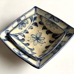【美品!】陶器　器法師　盛り皿　菱形　ボウル　ひし形　鉢　青い絵柄　中　大　2皿セット　食器の画像