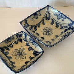 【美品!】陶器　器法師　盛り皿　菱形　ボウル　ひし形　鉢　青い絵...