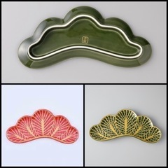 (お正月迎春食器）松葉型前菜皿　緑2枚＋赤1枚の3枚1セットの画像