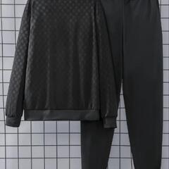 新品🉐175☆カジュアルな格子柄ポリエステル製トラックスーツセット - 伸縮性のある長袖ニットスウェットシャツとジョガーパンツ、春/秋用のゆったりとしたフィット感、アウトドア用の画像