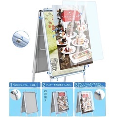 ✨新品未使用✨ 【マーカー&amp;マグネット付】 A型看板 両面 立て看板 A1 A1スタンドボード A1サイズ ポスター入れ替え式 Ｗ640mm×Ｈ1185mm 屋外 室内 アルミ製 折り畳み式 四辺開閉式 ポスタースタンド 店舗用看板 メニュースタンド パネルスタンド 案内板 掲示板の画像