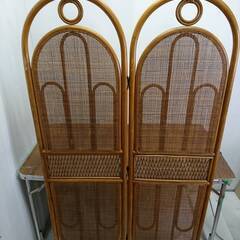  レトロ家具 ラタン 藤 2連衝立 外寸(約)幅900×高さ12...