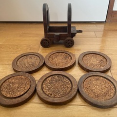 ビンテージウッドコルクコースターセットカバーワゴン キャディ コネストガ ウエスタンカウボーイ 6ピース小物入れの画像