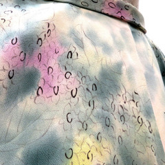 羽織 アンティーク 昔羽織  正絹 クリーム 緑ボカシ 黒 黄 紫 紫陽花 レトロ 明治・大正ロマン モダン 和洋ミックス 身丈78.6cm 【キモノオフ野々市若松店】の画像