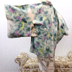 羽織 アンティーク 昔羽織  正絹 クリーム 緑ボカシ 黒 黄 紫 紫陽花 レトロ 明治・大正ロマン モダン 和洋ミックス 身丈78.6cm 【キモノオフ野々市若松店】の画像