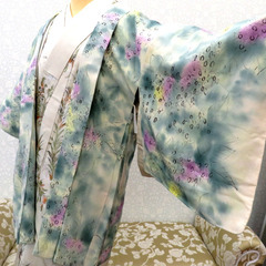 羽織 アンティーク 昔羽織  正絹 クリーム 緑ボカシ 黒 黄 ...