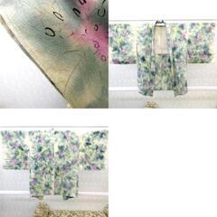 羽織 アンティーク 昔羽織  正絹 クリーム 緑ボカシ 黒 黄 紫 紫陽花 レトロ 明治・大正ロマン モダン 和洋ミックス 身丈78.6cm 【キモノオフ野々市若松店】の画像