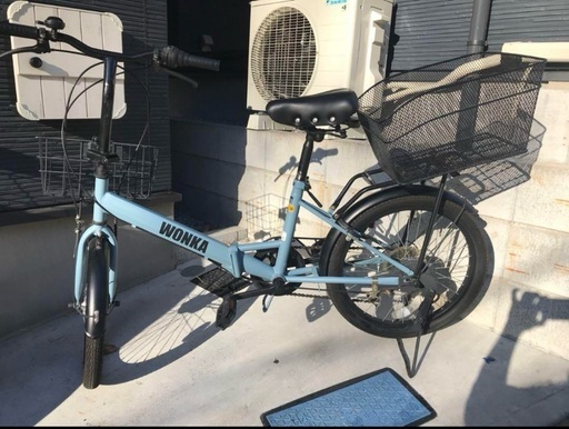 WONKA 折りたたみ自転車マットブルーグレー後ろカゴ付き (ジモオくん