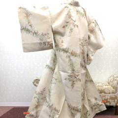 小紋 アンティーク 昔着物 小紋 ベージュ 銀 カーキ オレンジ...