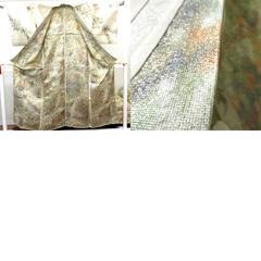 小紋 アンティーク 昔着物 小紋 ベージュ 銀 カーキ オレンジ 植物 銀通し 単衣 バチ衿 正絹 昔きもの レトロ 大正ロマン  身丈154.6cm 【キモノオフ野々市若松店】の画像