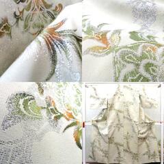 小紋 アンティーク 昔着物 小紋 ベージュ 銀 カーキ オレンジ 植物 銀通し 単衣 バチ衿 正絹 昔きもの レトロ 大正ロマン  身丈154.6cm 【キモノオフ野々市若松店】の画像