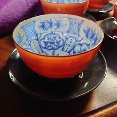 （値下げ）高級陶器　朱巻き五草花　汲出し揃