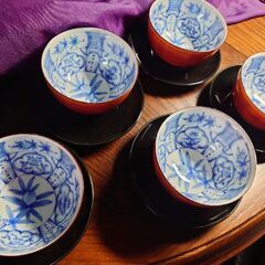 （値下げ）高級陶器　朱巻き五草花　汲出し揃の画像
