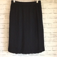 X623 ニットスカート 裏地あり ブラック 膝丈 ウエストゴム...