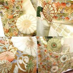 アンティーク 昔着物 訪問着 ベージュ 茶ボカシ 金 多色 唐草 大花 刺繍 袷 バチ衿 正絹 昔きもの レトロ 明治・大正ロマン 身丈157.7cm 【キモノオフ野々市若松店】の画像