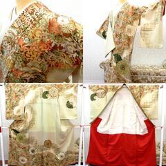 アンティーク 昔着物 訪問着 ベージュ 茶ボカシ 金 多色 唐草 大花 刺繍 袷 バチ衿 正絹 昔きもの レトロ 明治・大正ロマン 身丈157.7cm 【キモノオフ野々市若松店】の画像