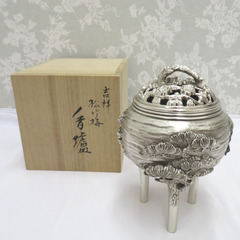 骨董・民芸品 高岡銅器 瑞雲 吉祥松竹梅 香爐 香炉 三つ足 銀...