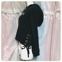 ꒰michellMacaron꒱長袖 レースアップ フードパーカー 黒 トップスの画像