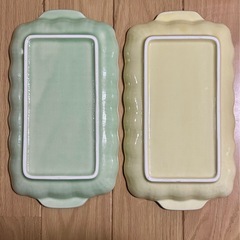 【追記】初投稿の半額以下‼️陶器長皿 手持ち付き約25cm  アーガイル柄 緑,黄 未使用？２枚セット  の画像