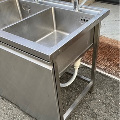 特注品 業務用 2槽シンク 混合水栓 3口蛇口付き 幅1000×奥750×高さ840+140(mm) 扉付き 二槽シンク 二層シンク 2層シンク 深形 大阪の画像