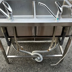 特注品 業務用 2槽シンク 混合水栓 3口蛇口付き 幅1000×奥750×高さ840+140(mm) 扉付き 二槽シンク 二層シンク 2層シンク 深形 大阪の画像