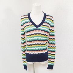 ブルックスブラザーズ 美品 Vネック長袖ニット ボーダー マルチカラー 綿混 S レディースの画像